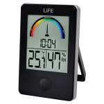 LIFE iTemp Black Ψηφιακό θερμόμετρο / υγρόμετρο εσωτερικού χώρου με ρολόι και έγχρωμη απεικόνιση επιπέδου υγρασίας, σε μαύρο χρώμα.